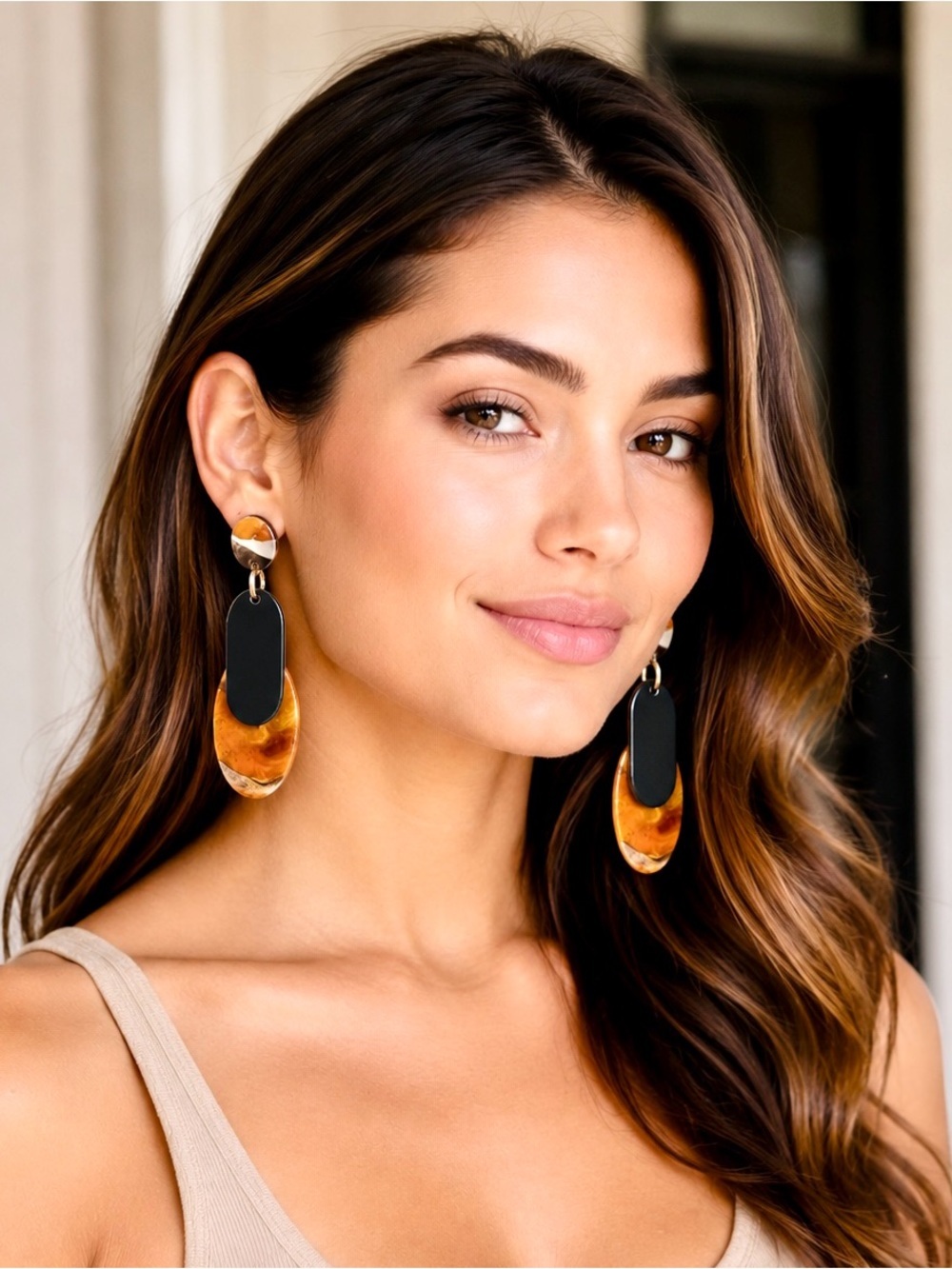 Oversized Geometric Resin Statement Earrings – Amber, Black & Gold | 4.06" Drop